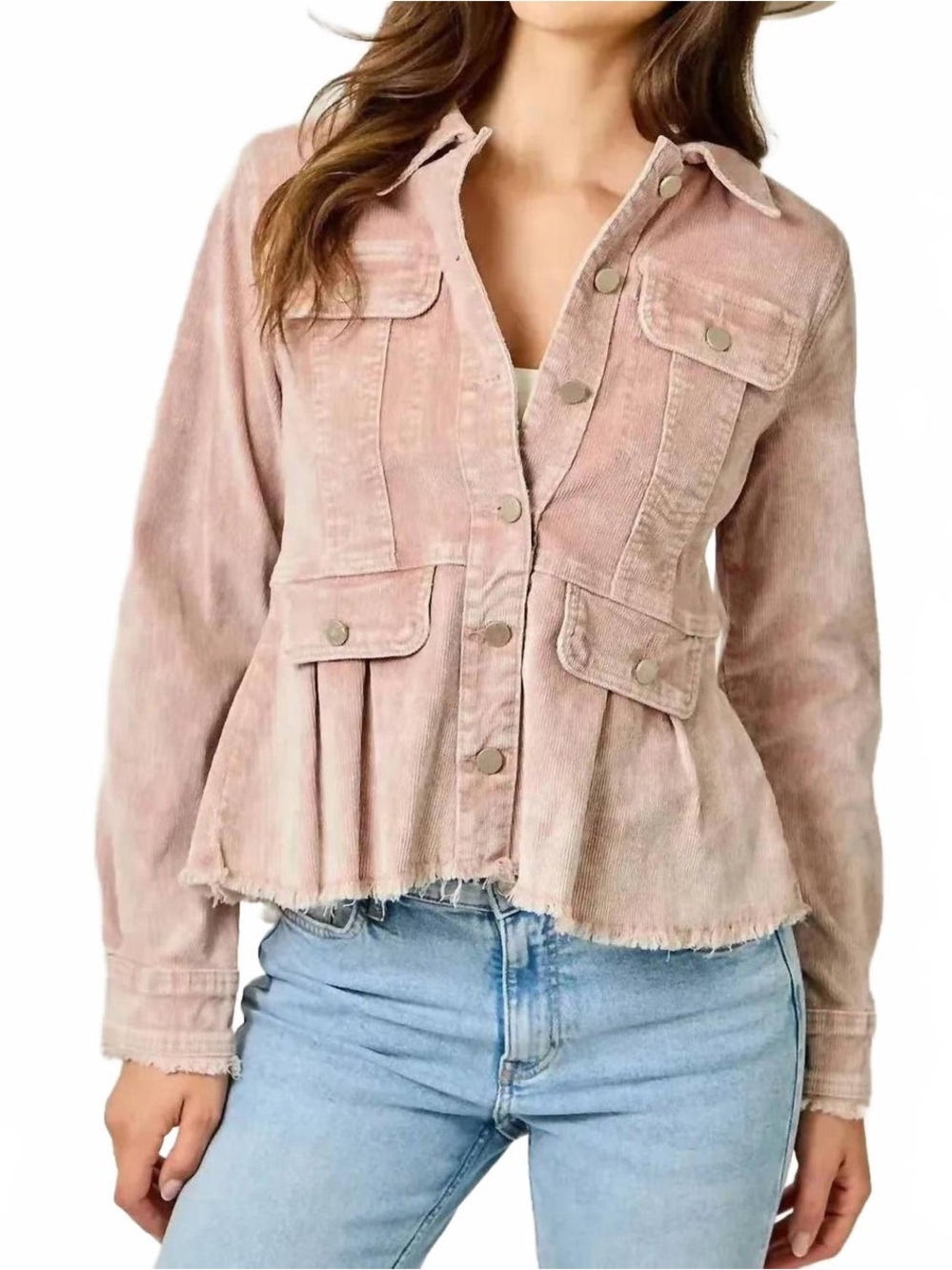 Mystree Washed Rose Pink Corduroy Jacket with Peplum Hem